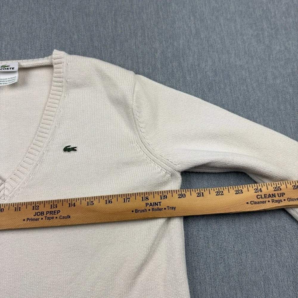 Vintage Lacoste Sweater Mens 46 Small Creme Knit V-Neck Ribbed Pullover Croc - Picture 5 of 11